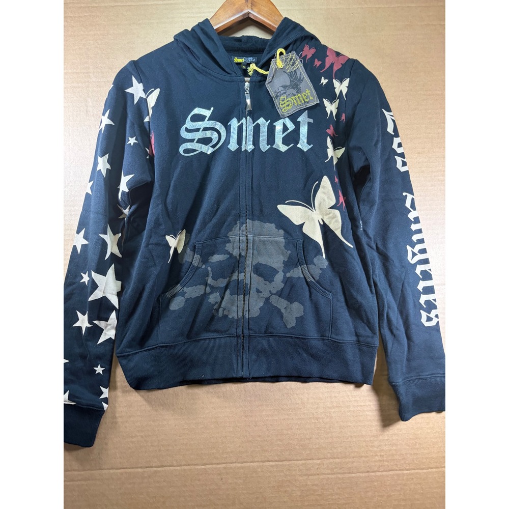 Smet Zip Up Hoodie Womens Size M Black Butterfly Skull Stars Y2K Graphic NWT
